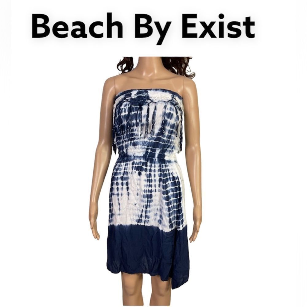 Beach By Exist Navy Blue White Tie Dye Boho Strapless Mini Swim Cover Up M